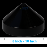 Black Cone Dock Piling Cap with size diagram no background