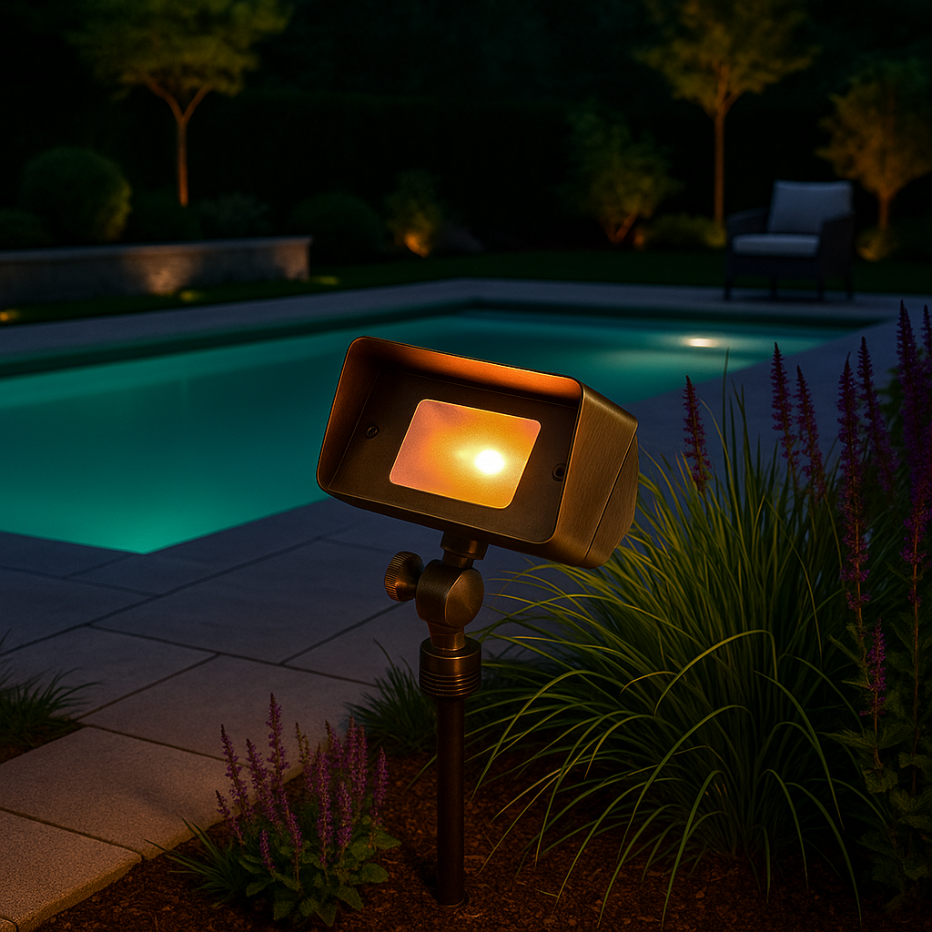 Brass G4 12V Flood Landscape Light with Spike &amp; Wire – Frosted Glass next to pool