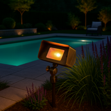 Brass G4 12V Flood Landscape Light with Spike &amp; Wire – Frosted Glass next to pool