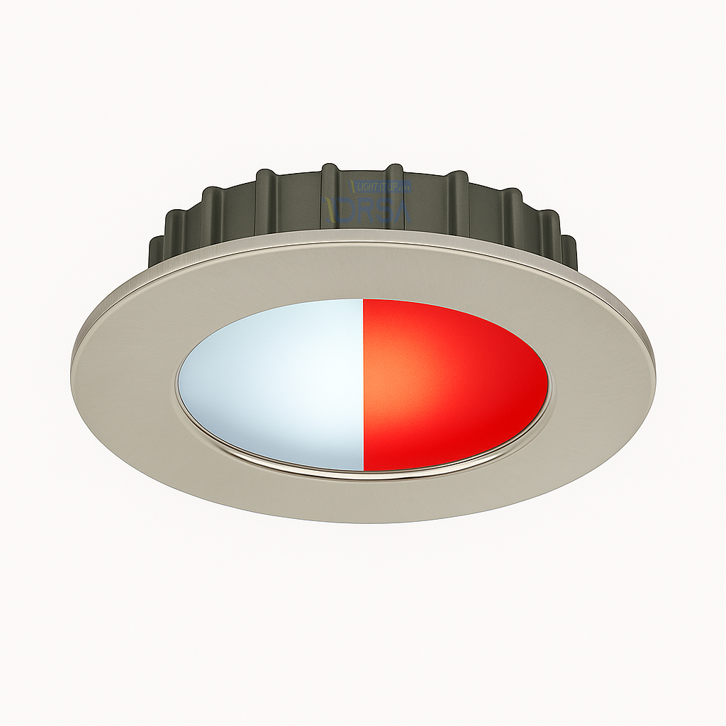 Tide powerled Round brushed stainless  downlight with cool white and red led light pool
