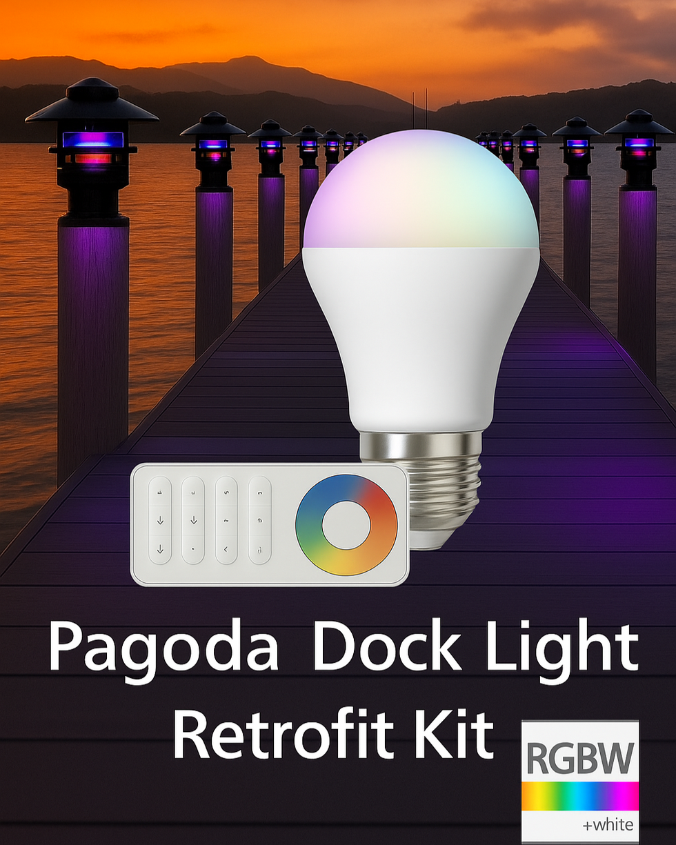 Pagoda Dock Light Retrofit Kit with LED bulb and remote control on a dock at sunset.