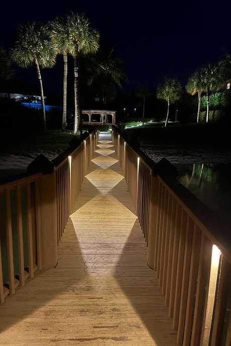 Wooden pathway illuminated by lights with palm trees and a gazebo in the background at night. courtacy lights 