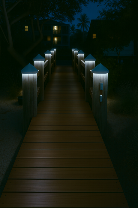 Wooden dock with illuminated posts at night cool white piling caps 