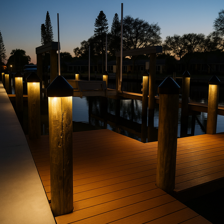 Black piling light with warm white LED dock light at night