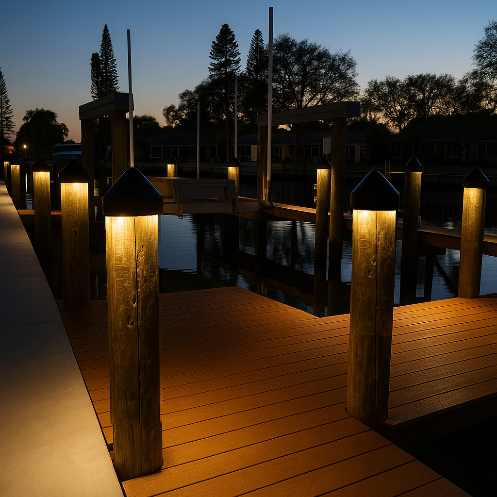 Black piling light with warm white LED dock light at night