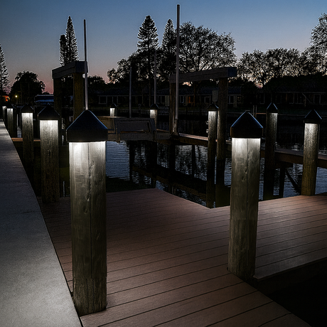 Wooden dock with illuminated posts at dusk with white piling cap lights 