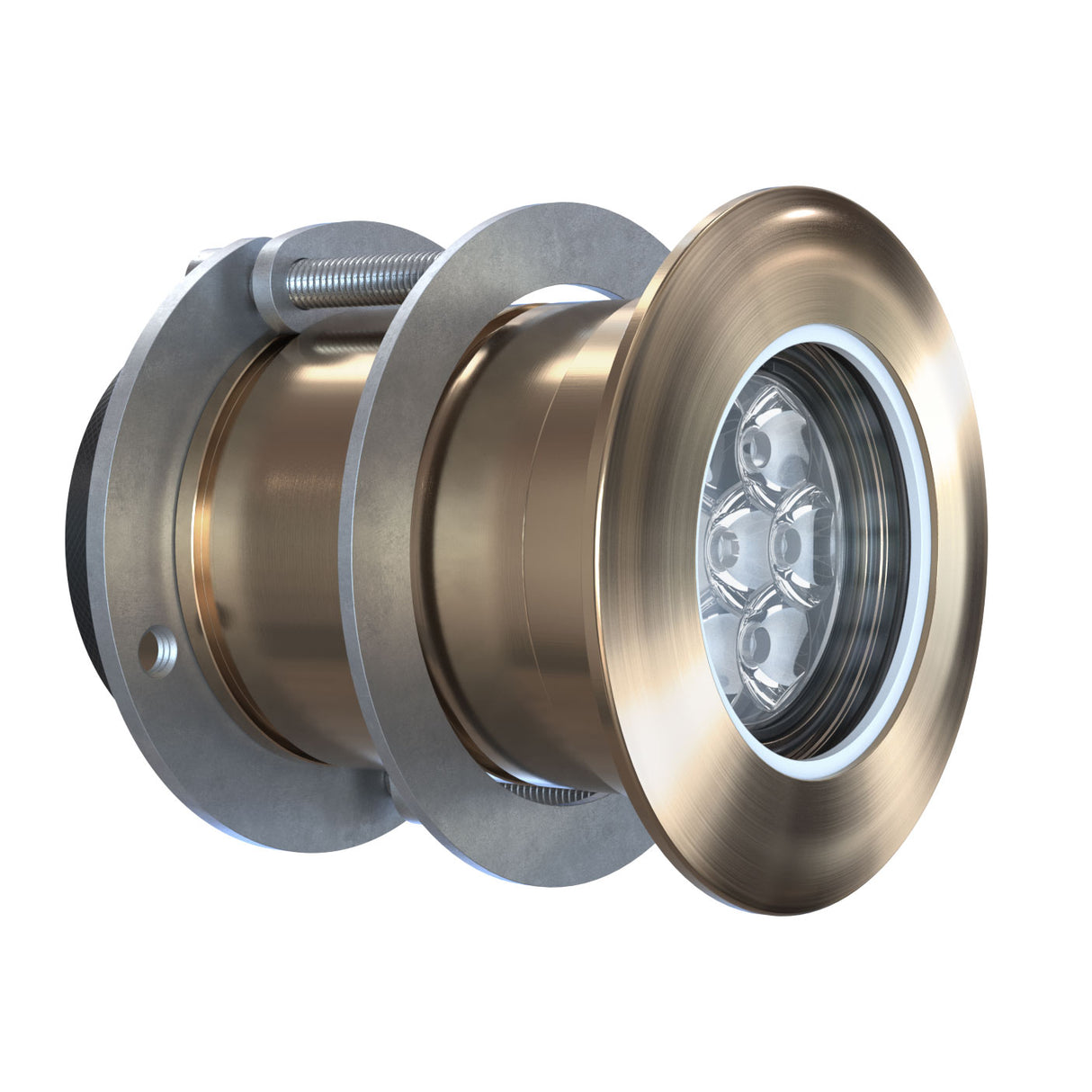 Close-up of OceanLED Explore E2 Ultra White LED with AB2 aluminium bronze bezel side view
