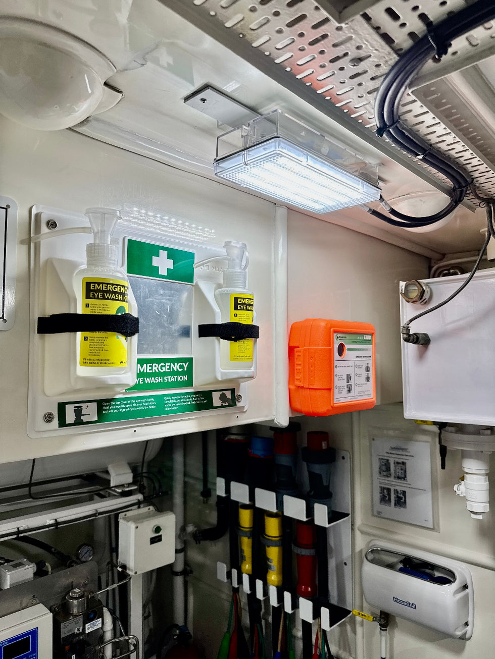 yacht engine room light next to medical equipment 