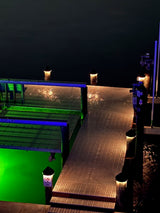 12V black piling cap light with dynamic RGBW LED output light warm white at night
