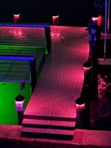 12V black piling cap light with dynamic RGBW LED output pink light at night
