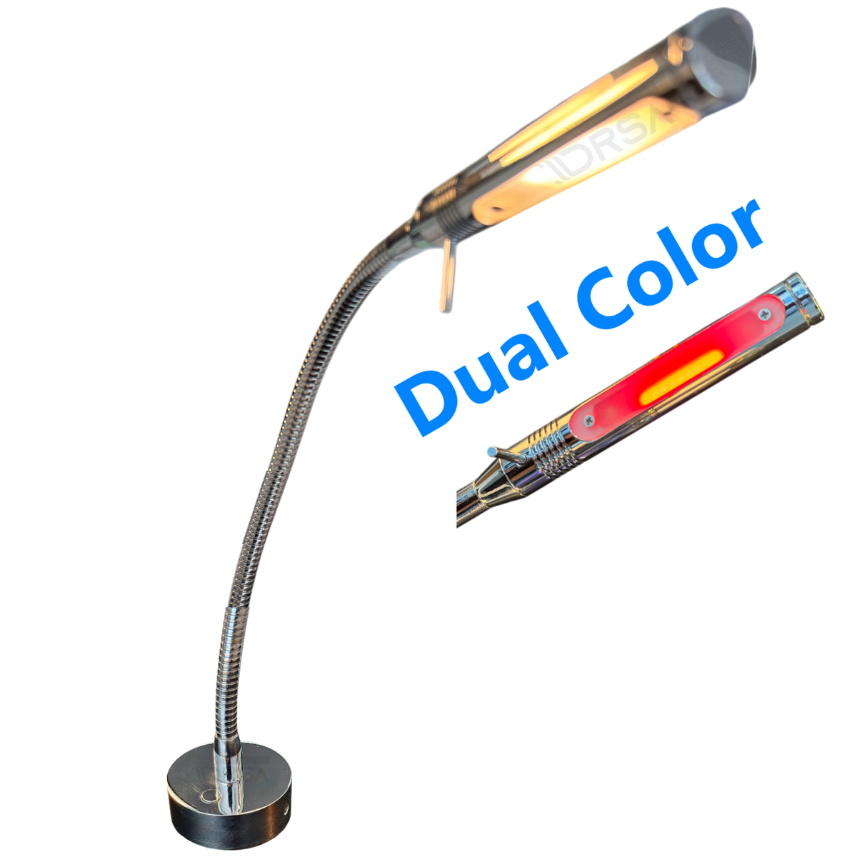 Rugen Table-Mount Reading Light – Chrome with Brown Leather, Switch &amp; Dimmer | Warm White / Red