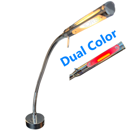 Rugen Table-Mount Reading Light – Chrome with Brown Leather, Switch &amp; Dimmer | Warm White / Red