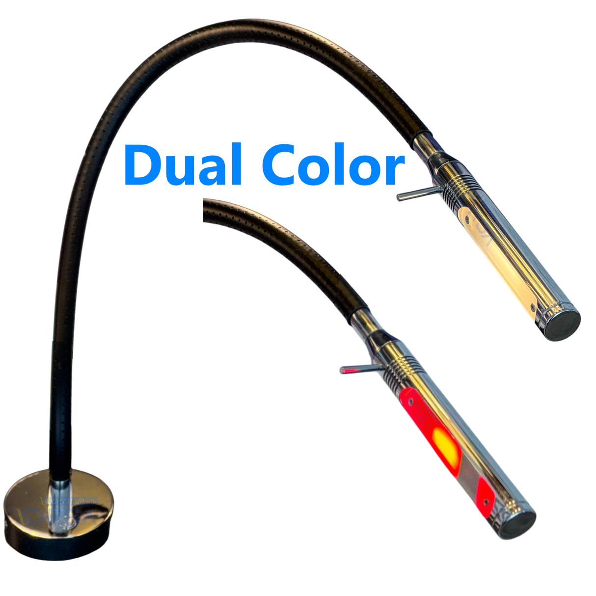 Rugen Table-Mount Reading Light – Chrome with Brown Leather, Switch &amp; Dimmer | Warm White / Red