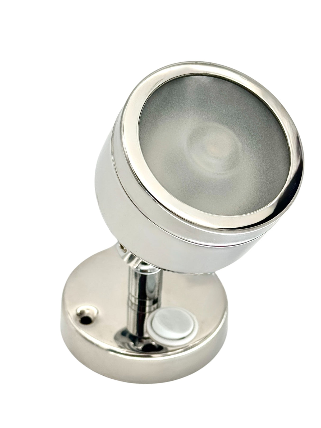 Little Inagua stainless LED reading light with round base side perspective
