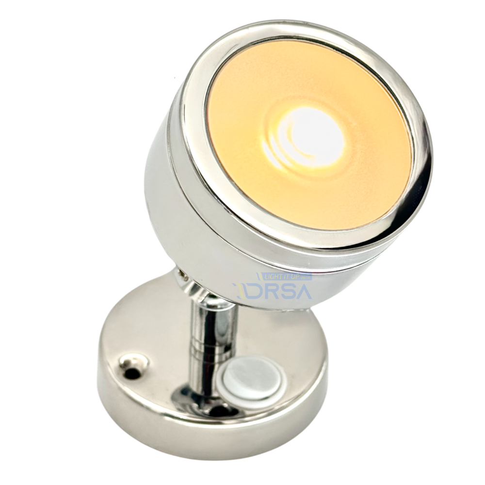 Little Inagua stainless LED reading light with round base warm white side view

