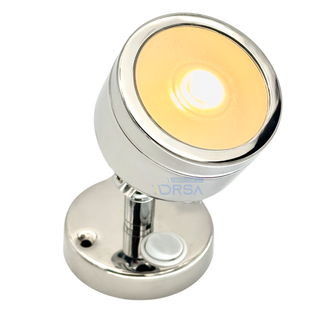 Little Inagua stainless LED reading light with round base warm white side view

