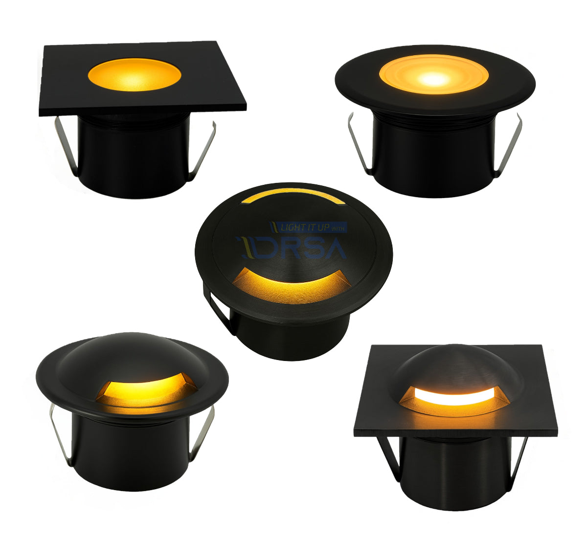 Set of five black outdoor mini dock lights with glowing yellow centers on a white background