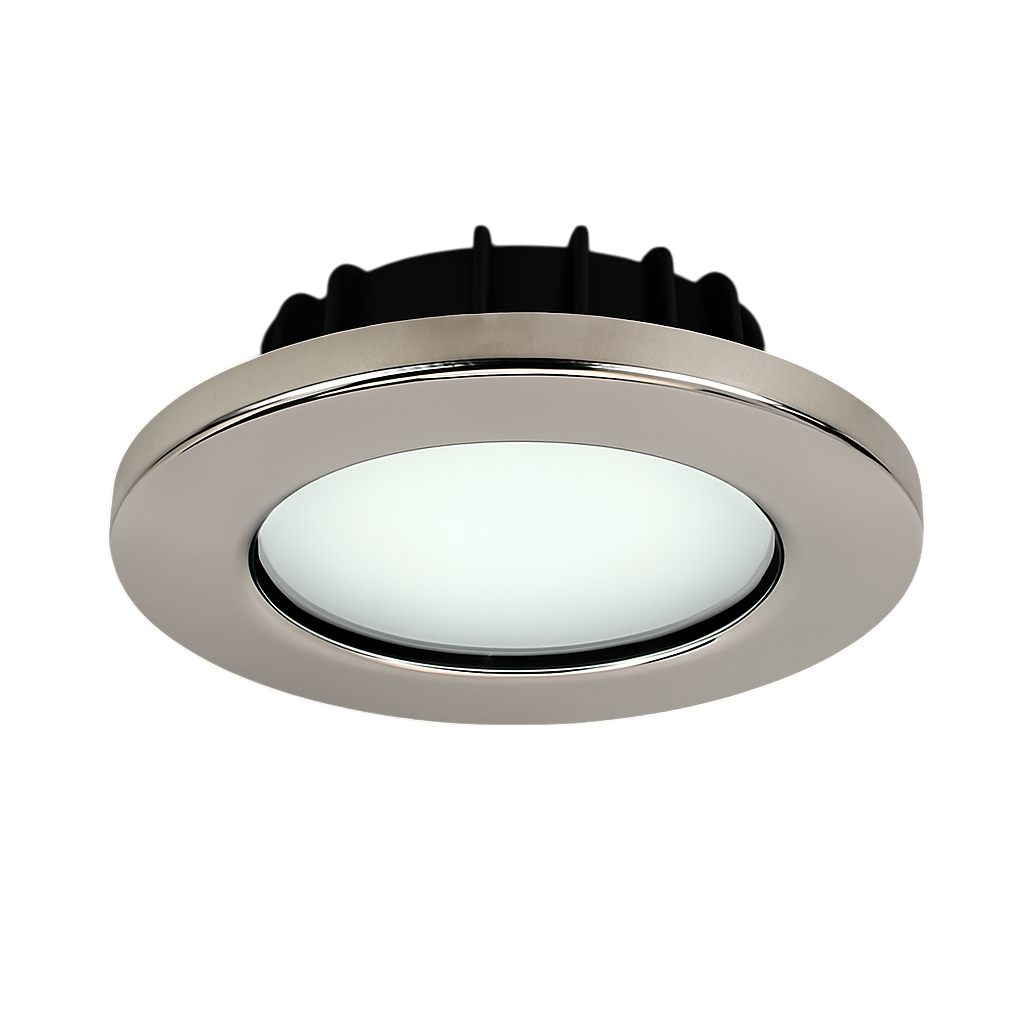 Polished stainless Imtra LED fixture installed overhead cool white

