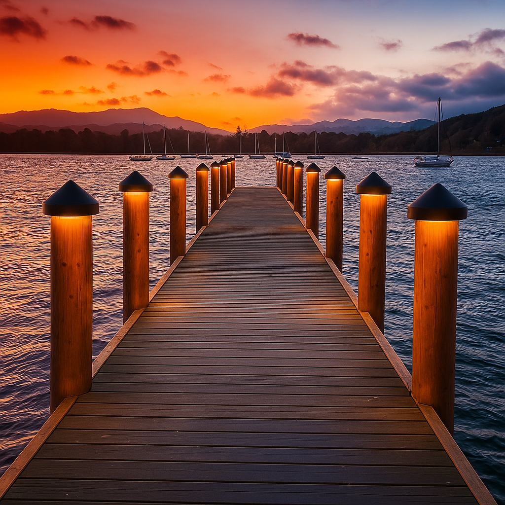 Black piling cap light with 3000K warm white LED at sunset
