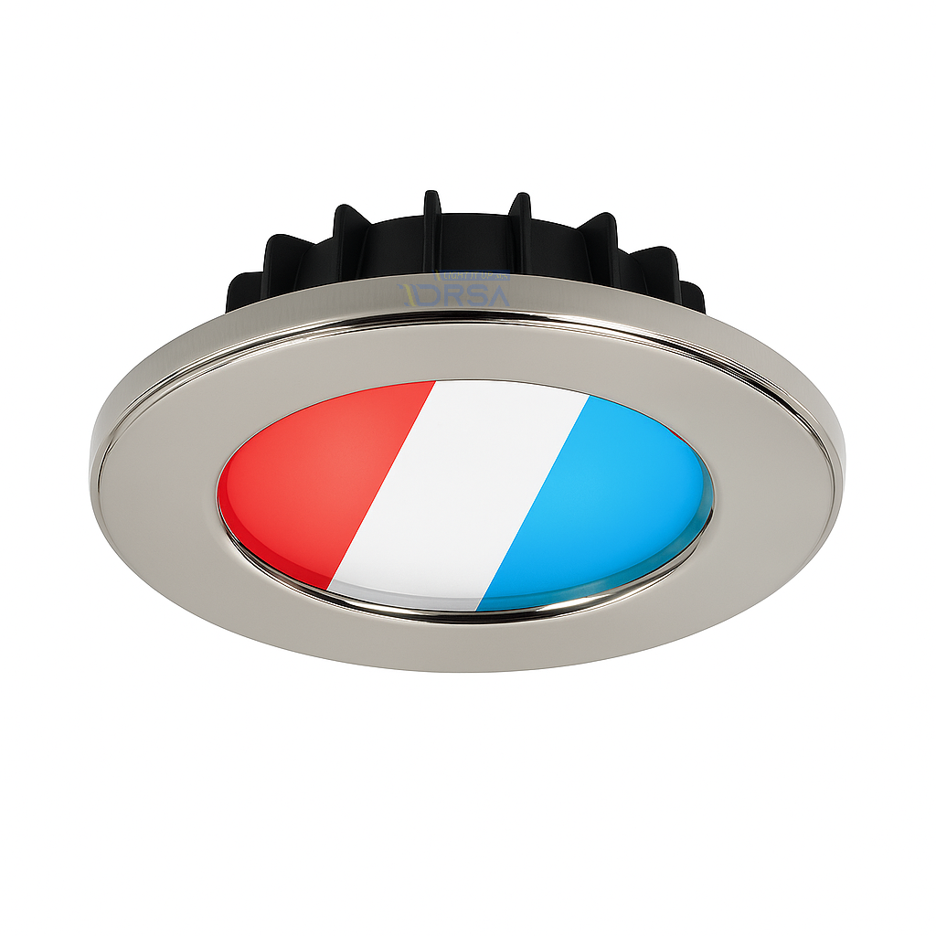 Polished stainless Imtra LED fixture tri color red blue cool white 
