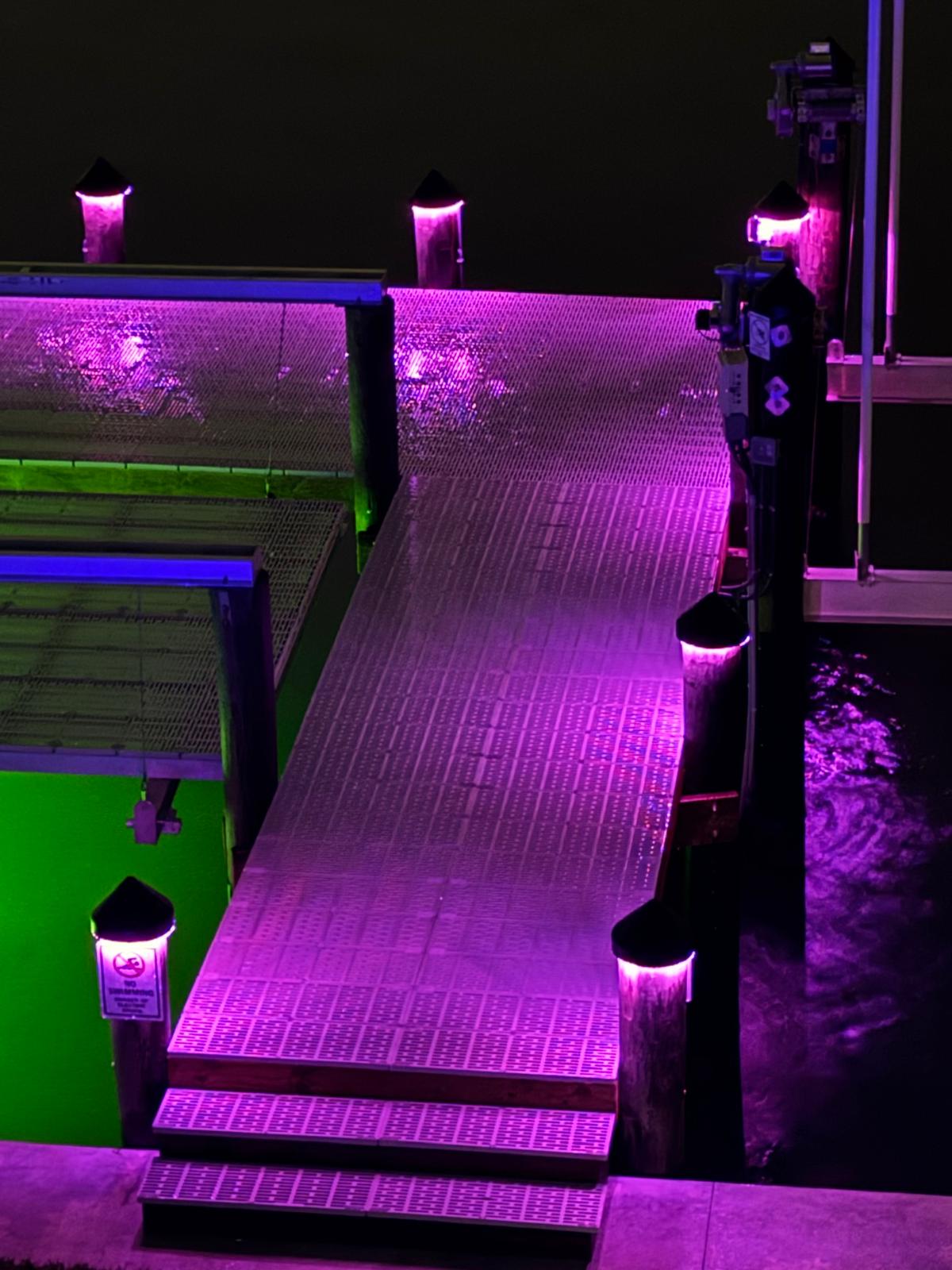 Dock illuminated with pink piling cap lights at night over a body of water with city skyline