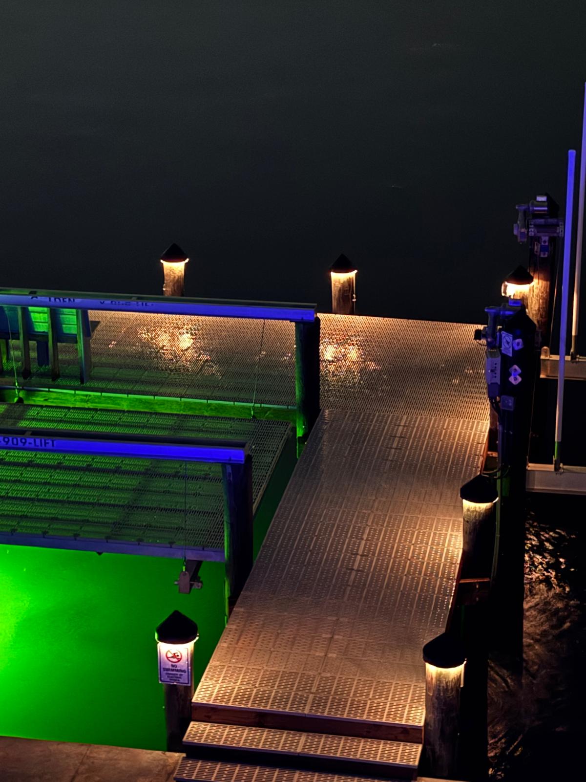 Dock illuminated with warm white piling cap lights at night over a body of water with city skyline