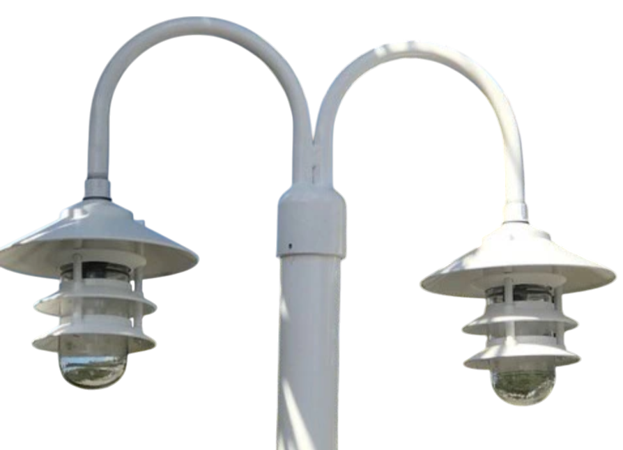 White Aluminum Round Post with Double LED Pagoda Dock Light no background