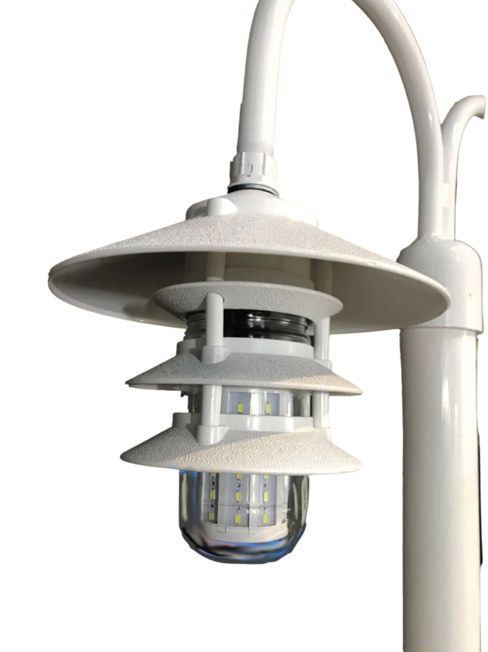 White Aluminum Round Post with Double LED Pagoda Dock Light close up