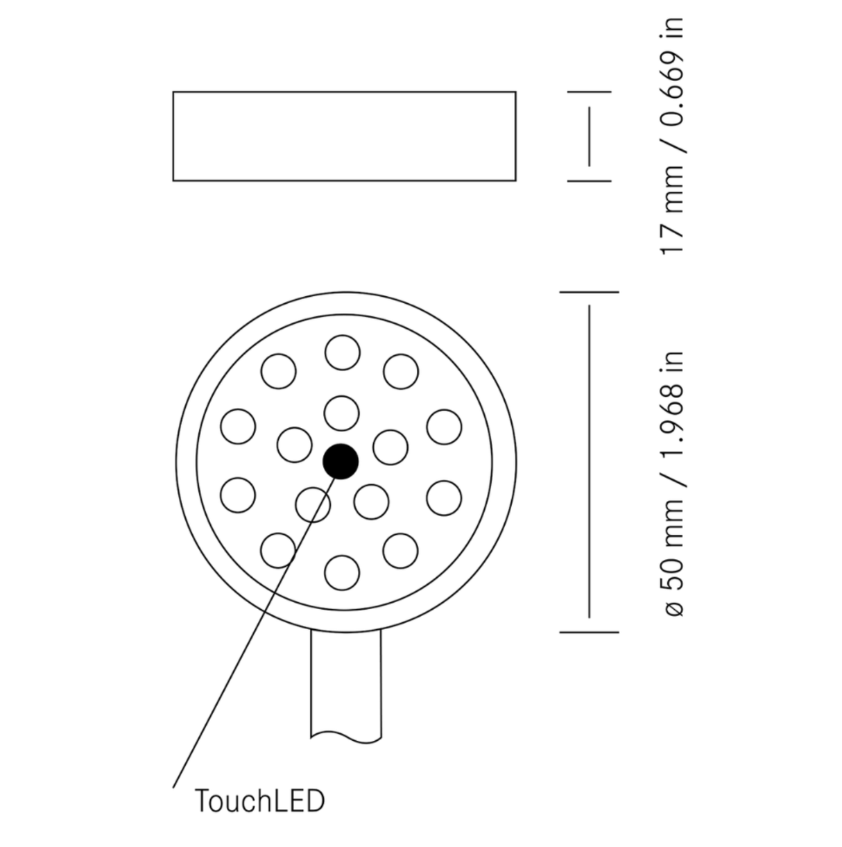 Black F4 TouchLED light with flexible gooseneck arm for bulkhead mount diagram