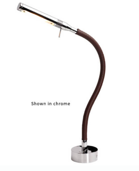 Rugen Table-Mount Reading Light – Chrome with Brown Leather, Switch &amp; Dimmer | Warm White / Red