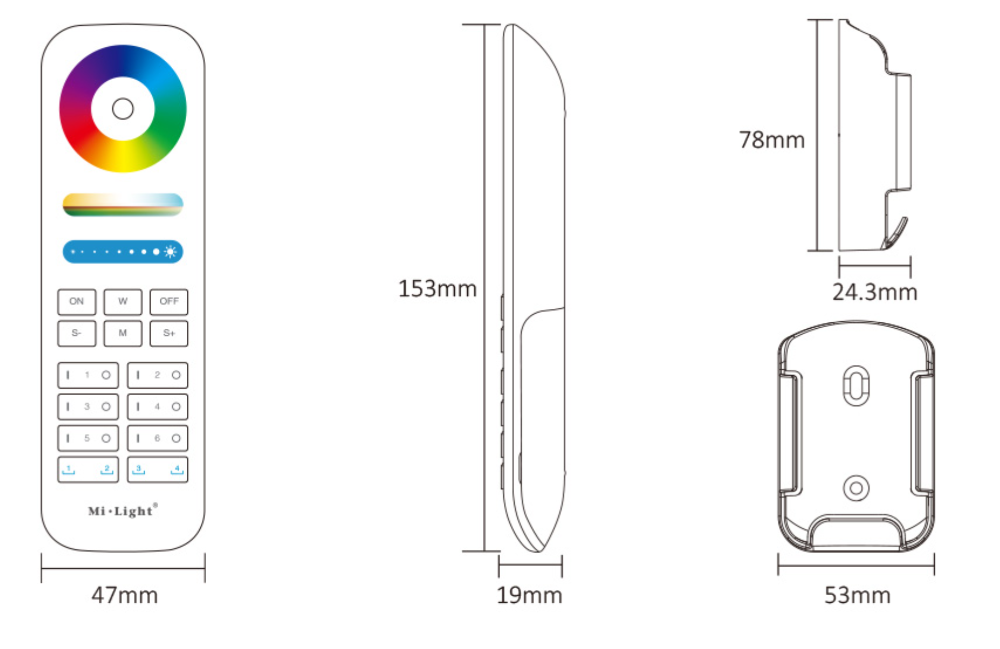 MiBoxer 2.4GHz remote with 8-zone control for RGB+CCT lighting diagram of remote and holder