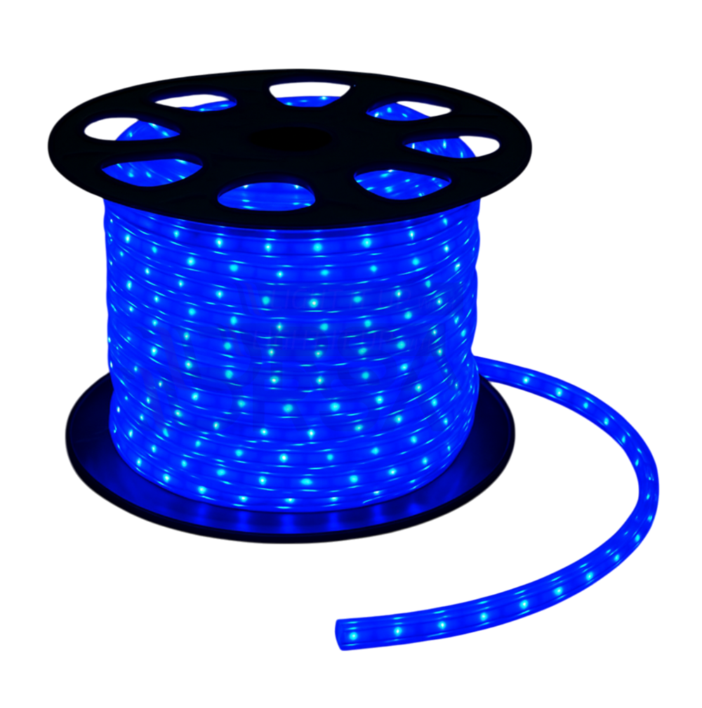 3/8 inch blue LED rope light roll in 120V AC no background
