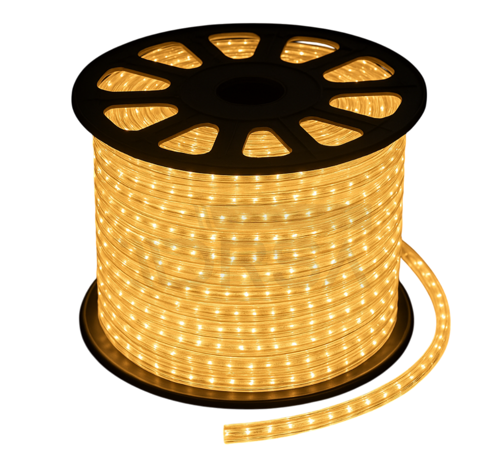 3/8 inch warm white LED rope light roll in 120V AC no background
