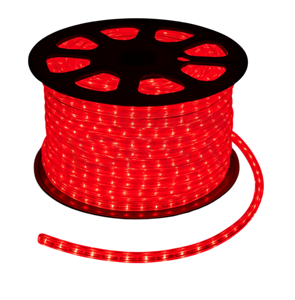 3/8 inch red LED rope light roll in 120V AC no background side view
