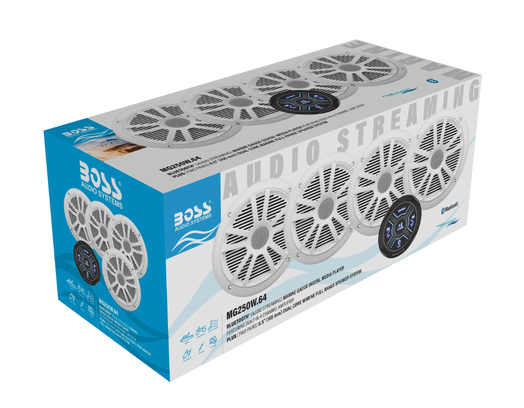 Boss Audio MG250W.64 marine audio kit with Bluetooth receiver and 4 white speakers box