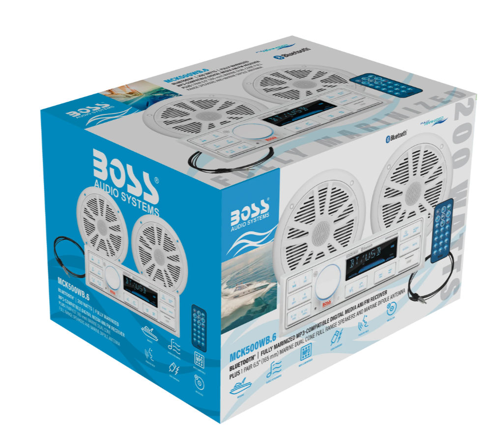 Boss Audio MCK500WB.6 marine audio kit with MR500UAB Bluetooth receiver, two white MR6W 6.5-inch speakers, MRANT10 antenna, and white wireless remote box