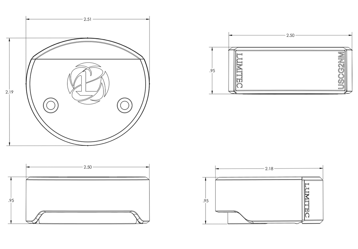 Technical drawing of a cylindrical object with dimensions and LUMITEC branding. 101868