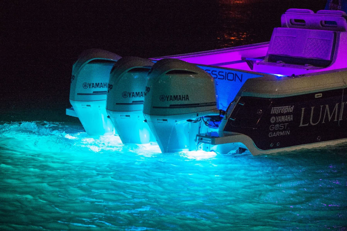 SeaBlaze X3 Spectrum underwater light, 7,000+ lumens, polished installes at night on center console