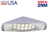 LED light fixture with 'Made in USA' and 'USCG 2NM' text on a white seahunter center console sten nav light no background