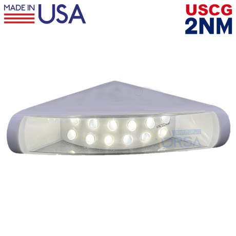 LED light fixture with 'Made in USA' and 'USCG 2NM' text on a white seahunter center console sten nav light no background