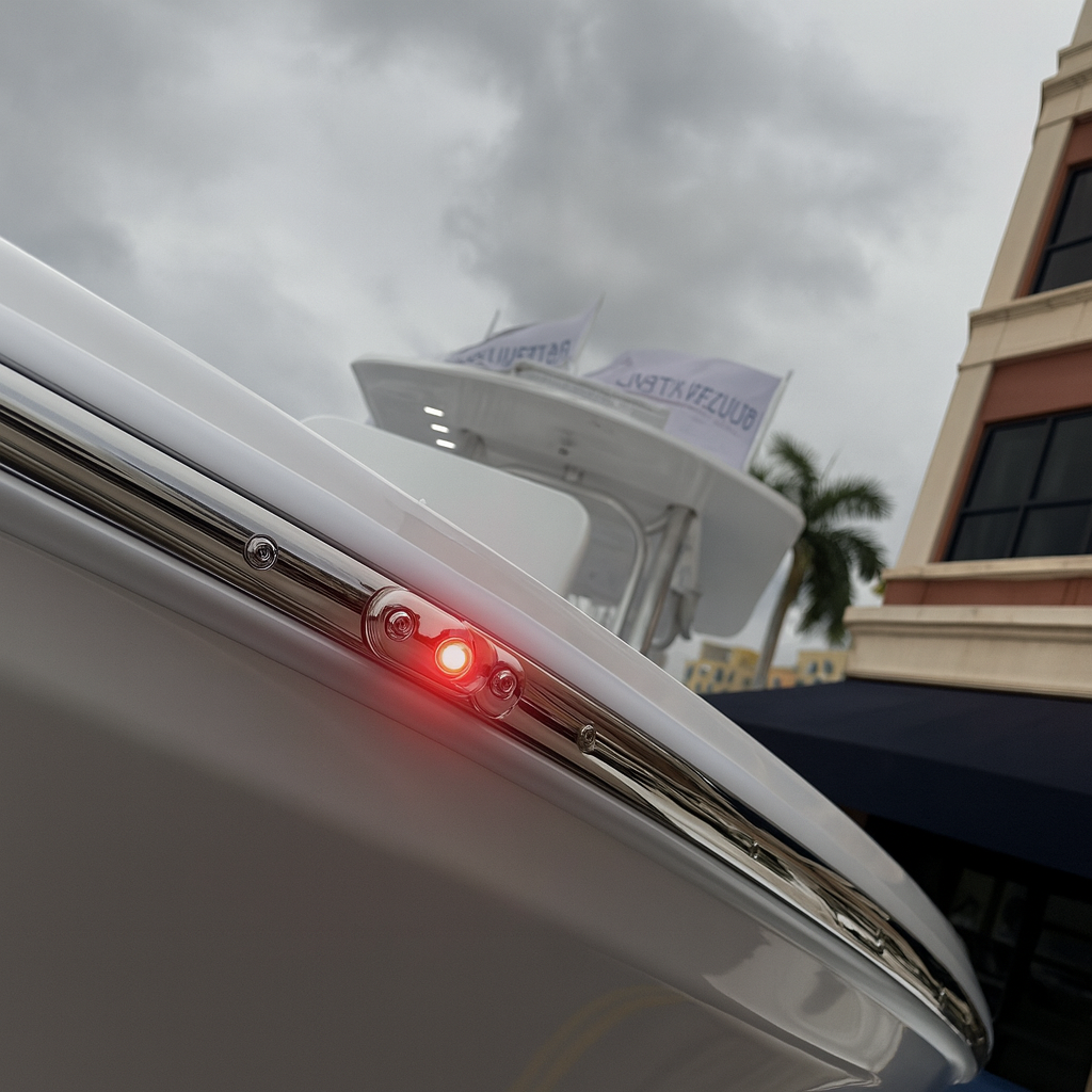 ACO rub rail navigation light set with compact red LED design on centerconsole at palm harbor marina.