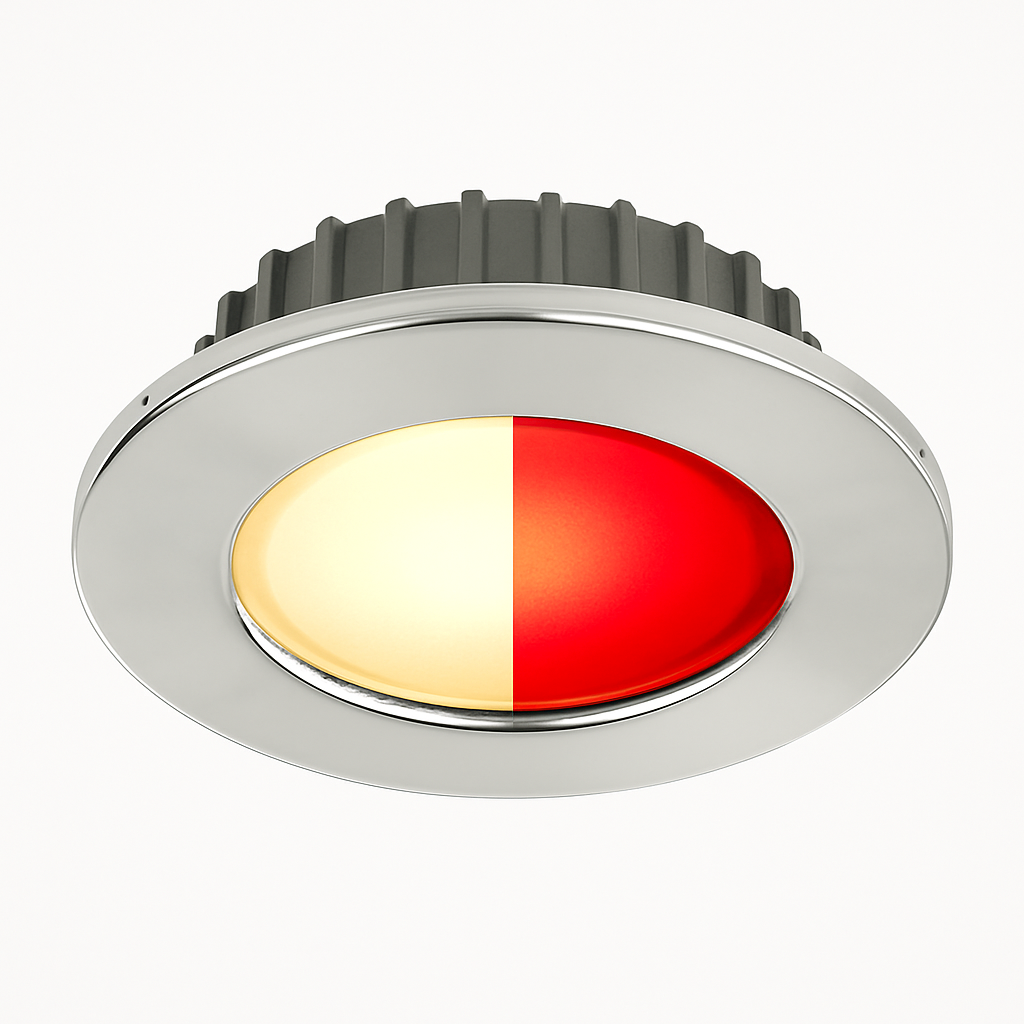 Tide Power Polished stainless marine LED downlight with warm white / red light



