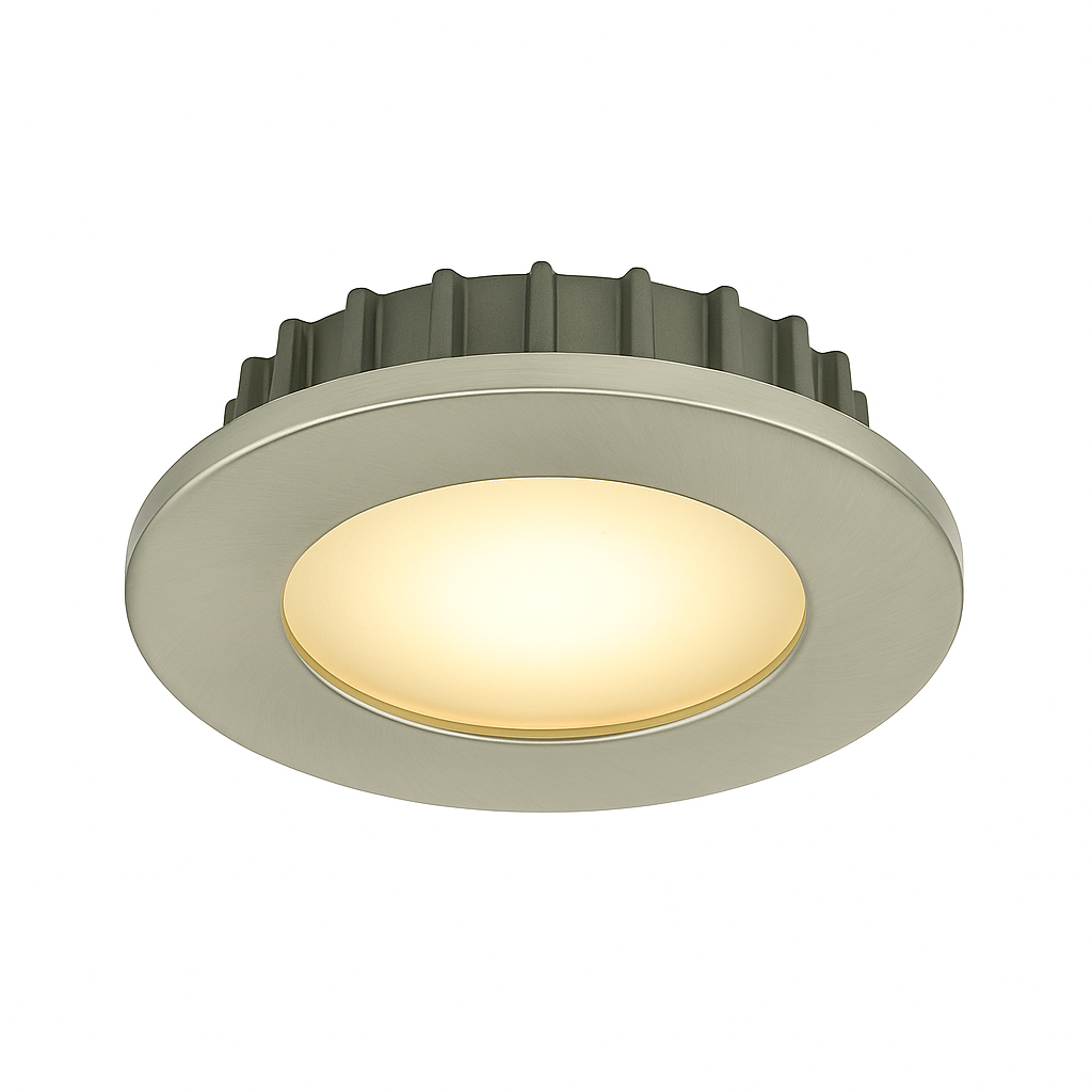 Brushed stainless steel marine downlight with warm white LED

