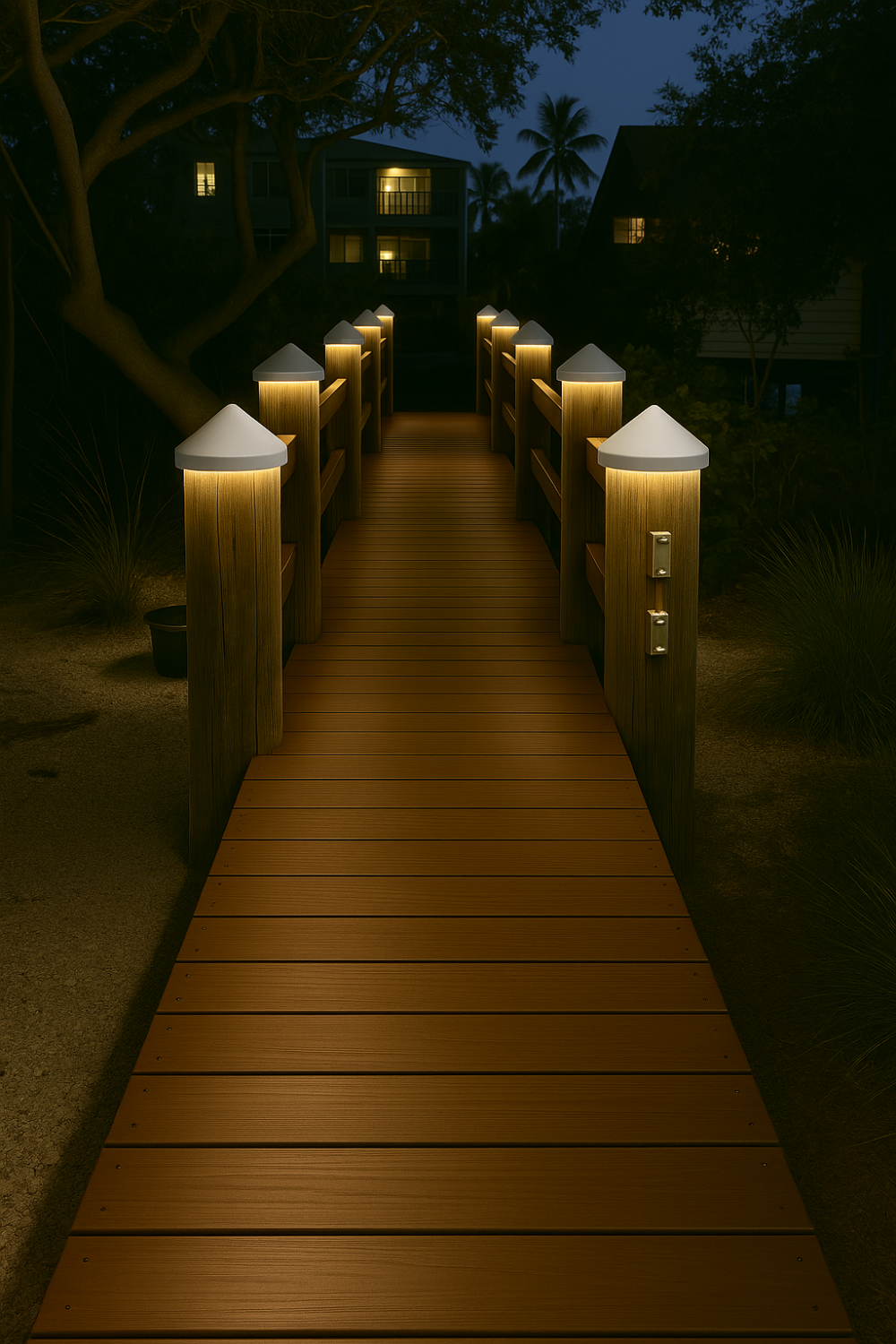 White piling dock light with warm white LED on walkway at night