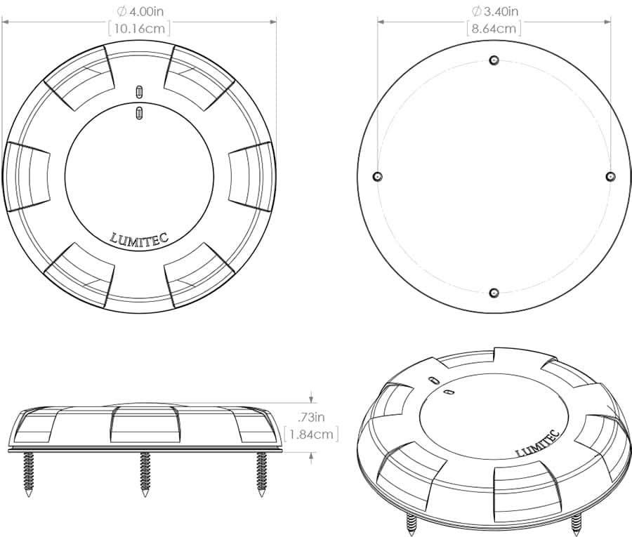 Aurora Surface Mount Dome Light in white/blue output, featuring a sleek design, built-in switch diagram
