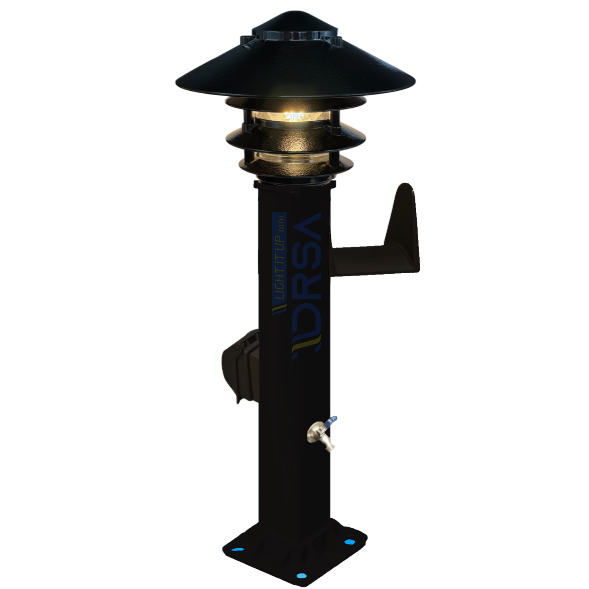 Black powder-coated aluminum hose station with LED fixture with pagda light and gfi
