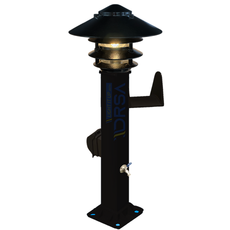 Black powder-coated aluminum hose station with LED fixture with pagda light and gfi