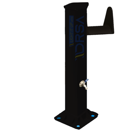 Black powder-coated aluminum hose station with LED fixture


