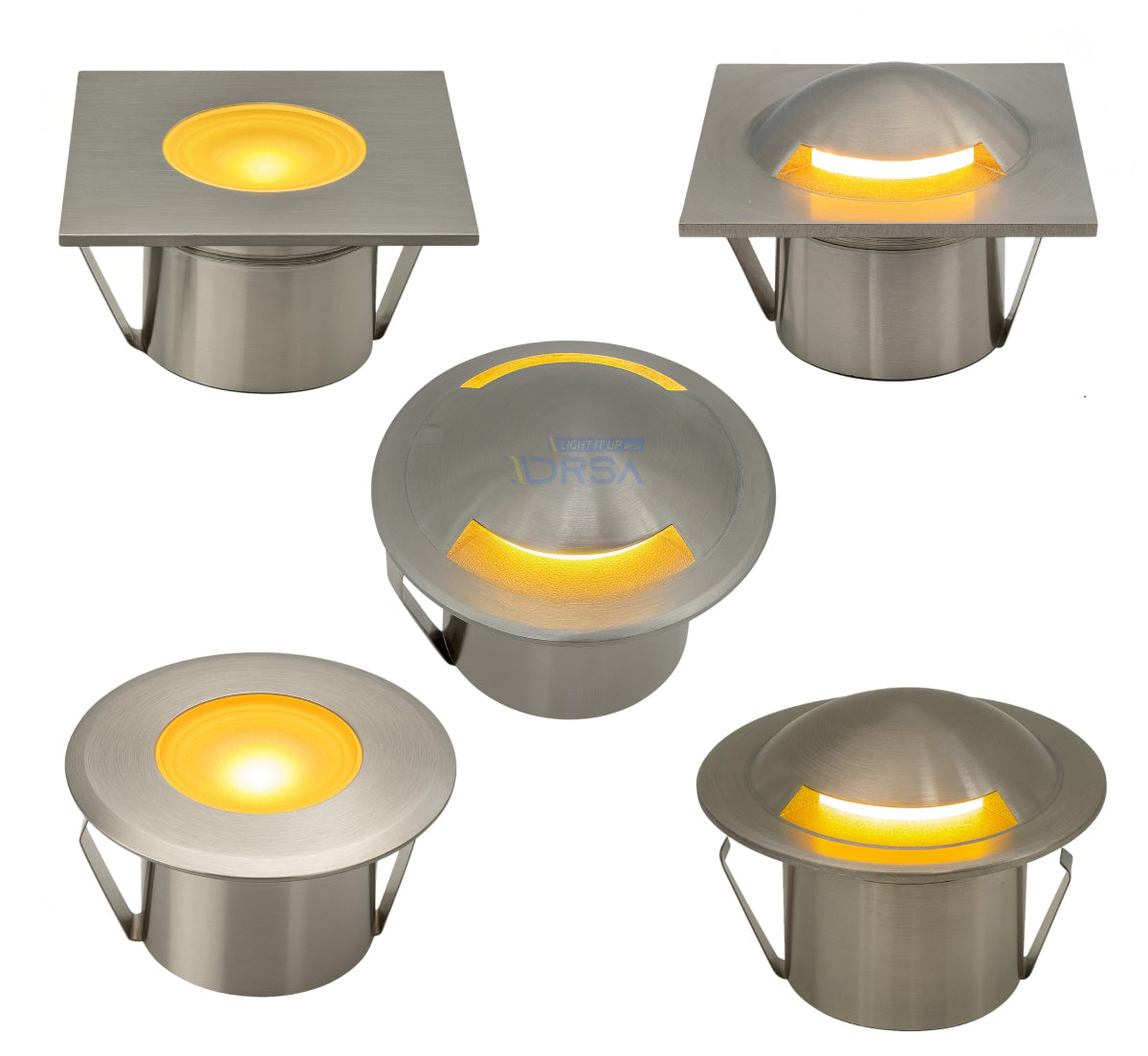 Set of five stainless steel outdoor mini dock lights with glowing yellow interior on a white background