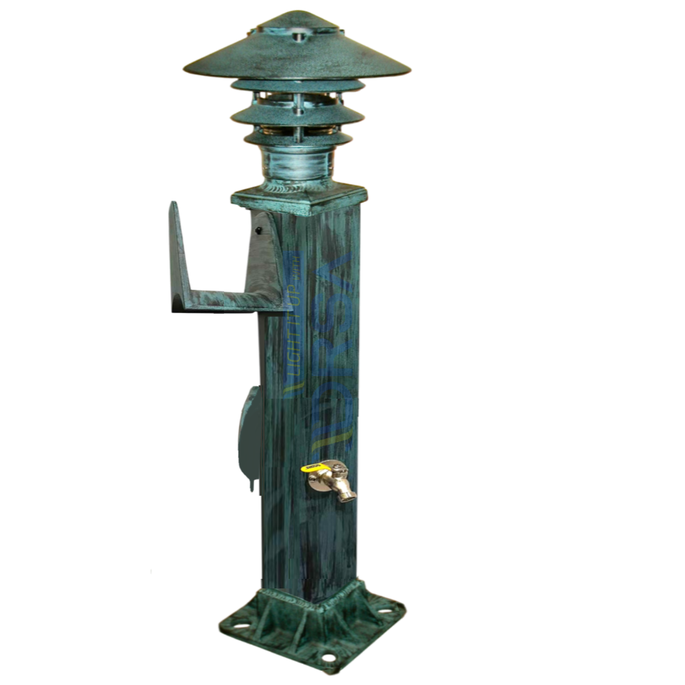Patina finish aluminum dock hose stand with LED top light and gfi

